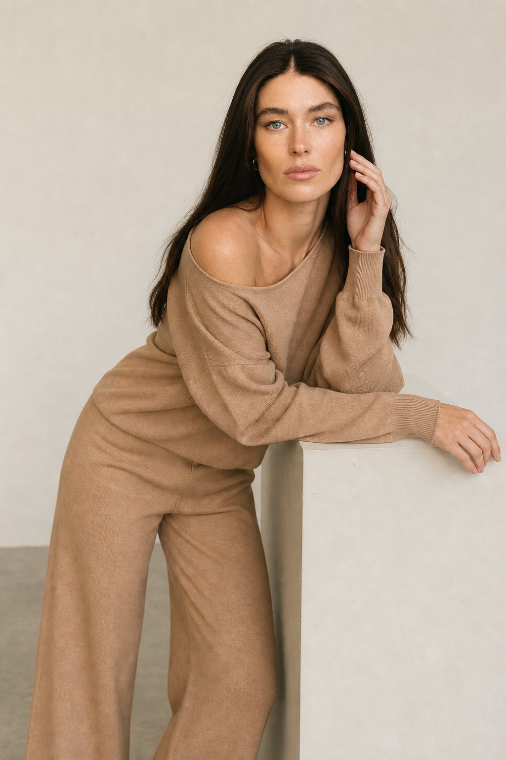 Women's Off Shoulder Knit Sweater and Pants Set with Wide Neck