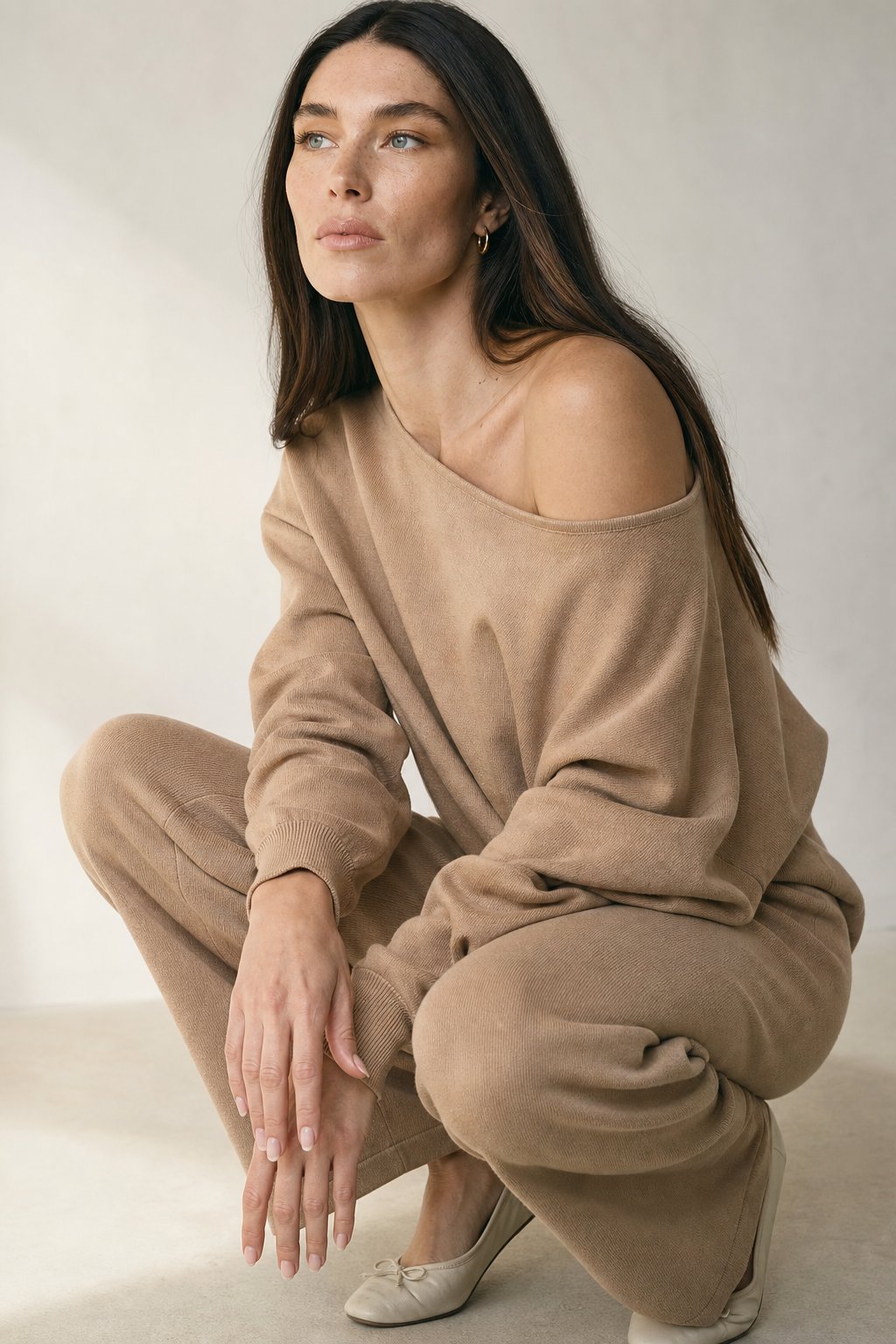 Women's Off Shoulder Knit Sweater and Pants Set with Wide Neck