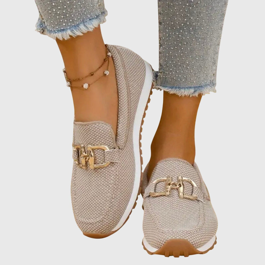 Women's Knit Slip On Loafers with Gold Buckle and White Sole