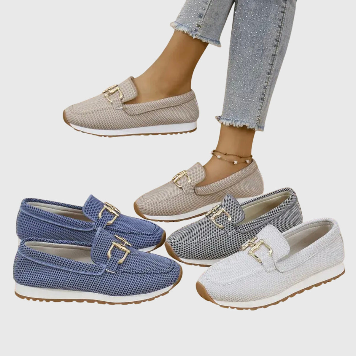 Women's Knit Slip On Loafers with Gold Buckle and White Sole