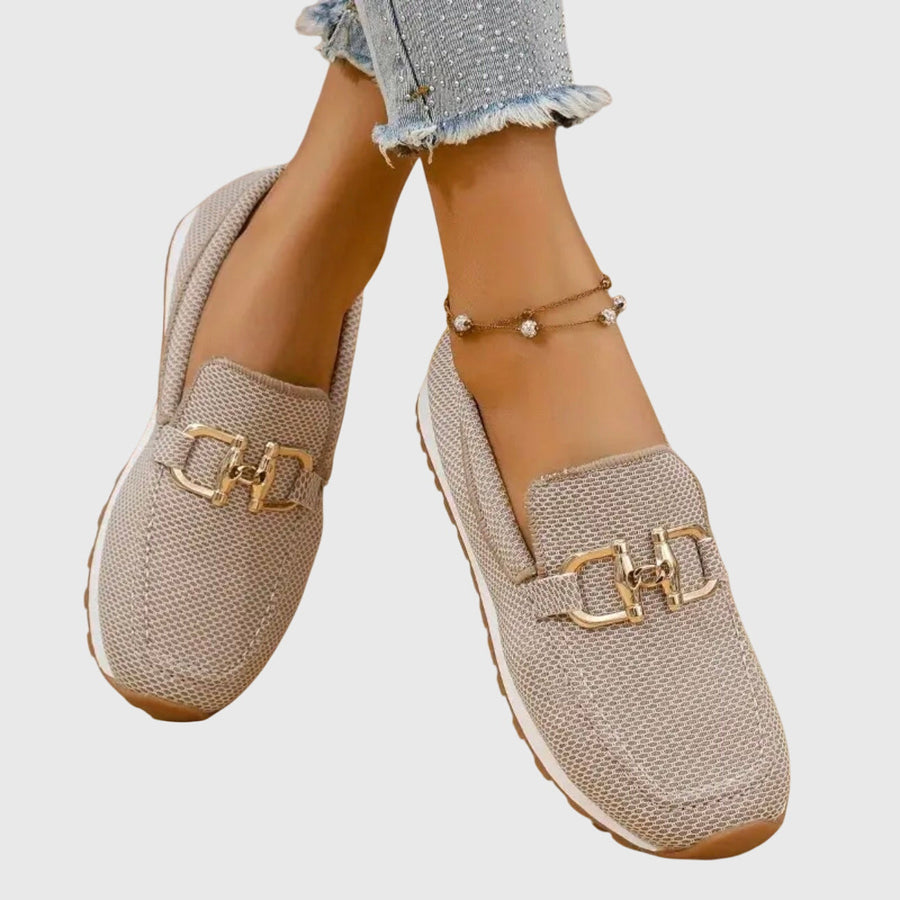 Women's Knit Slip On Loafers with Gold Buckle and White Sole