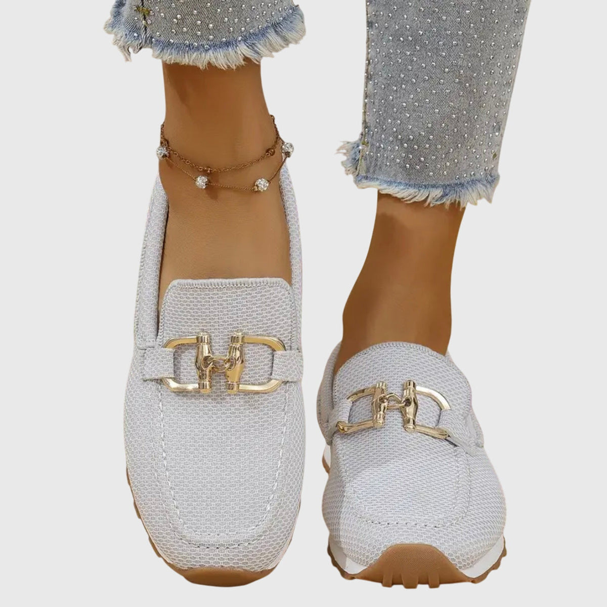 Women's Knit Slip On Loafers with Gold Buckle and White Sole
