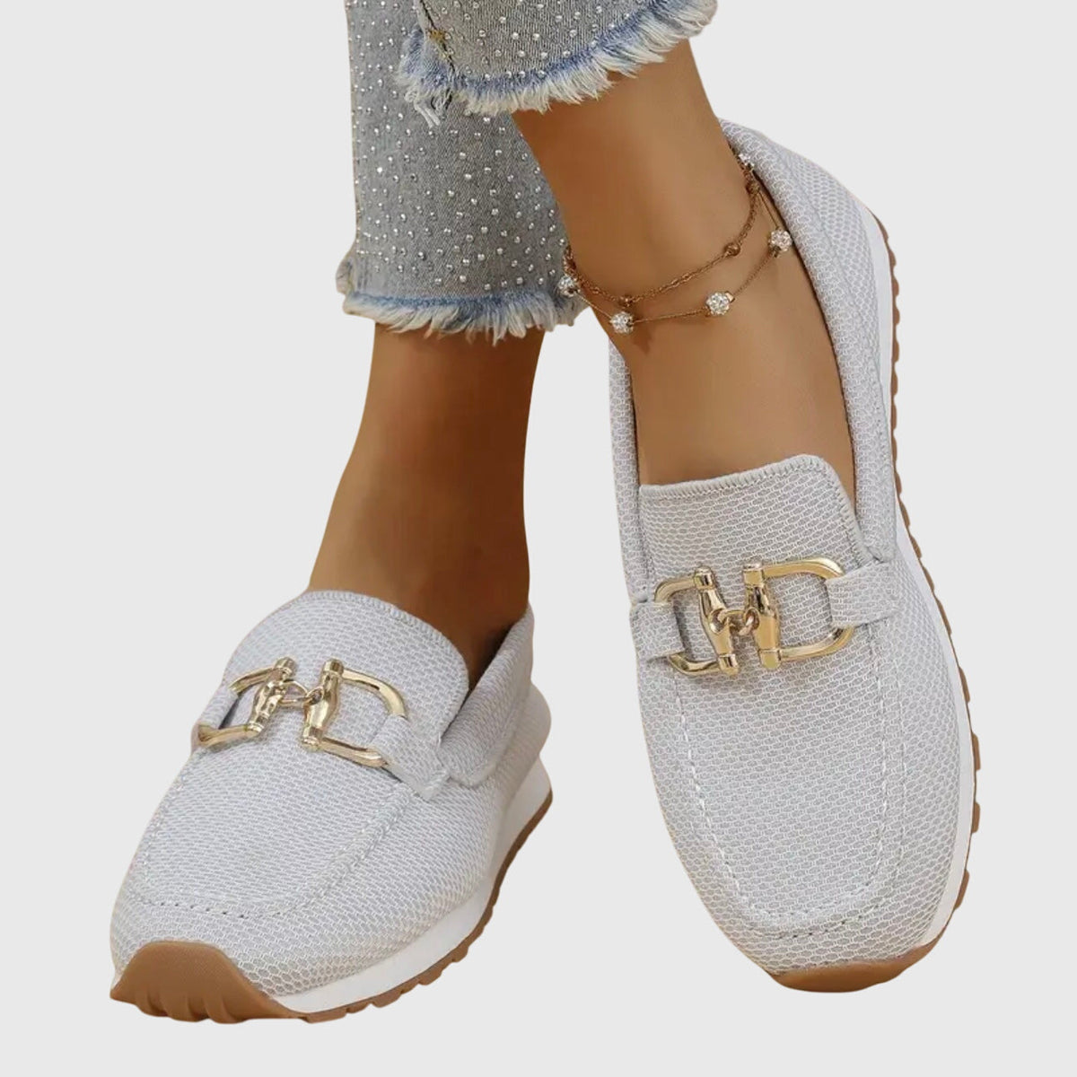 Women's Knit Slip On Loafers with Gold Buckle and White Sole