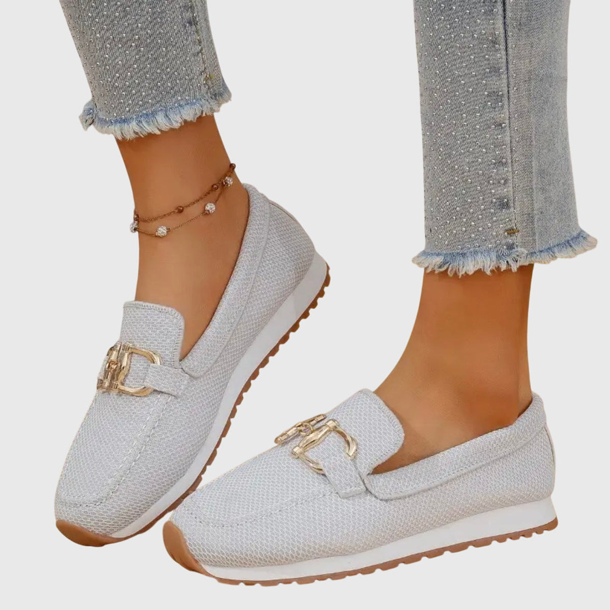 Women's Knit Slip On Loafers with Gold Buckle and White Sole