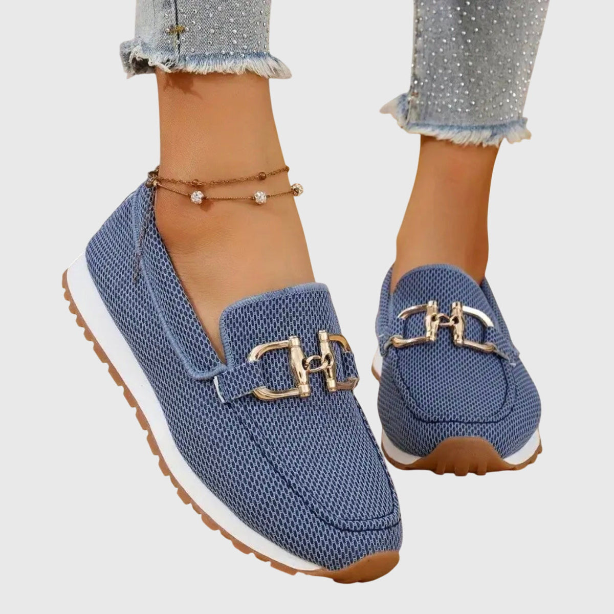 Women's Knit Slip On Loafers with Gold Buckle and White Sole