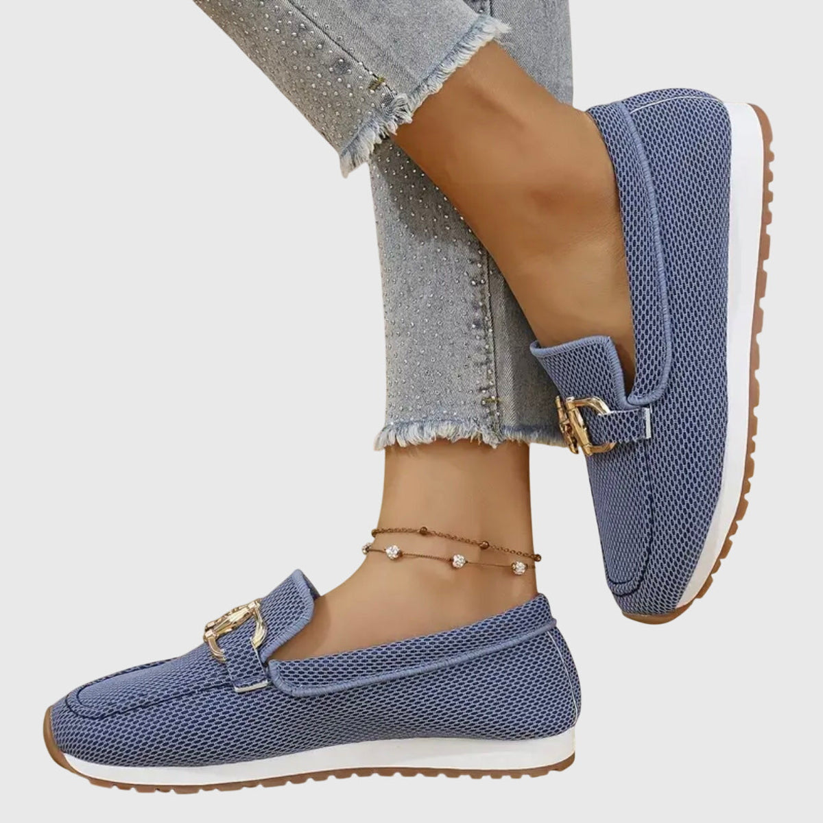 Women's Knit Slip On Loafers with Gold Buckle and White Sole
