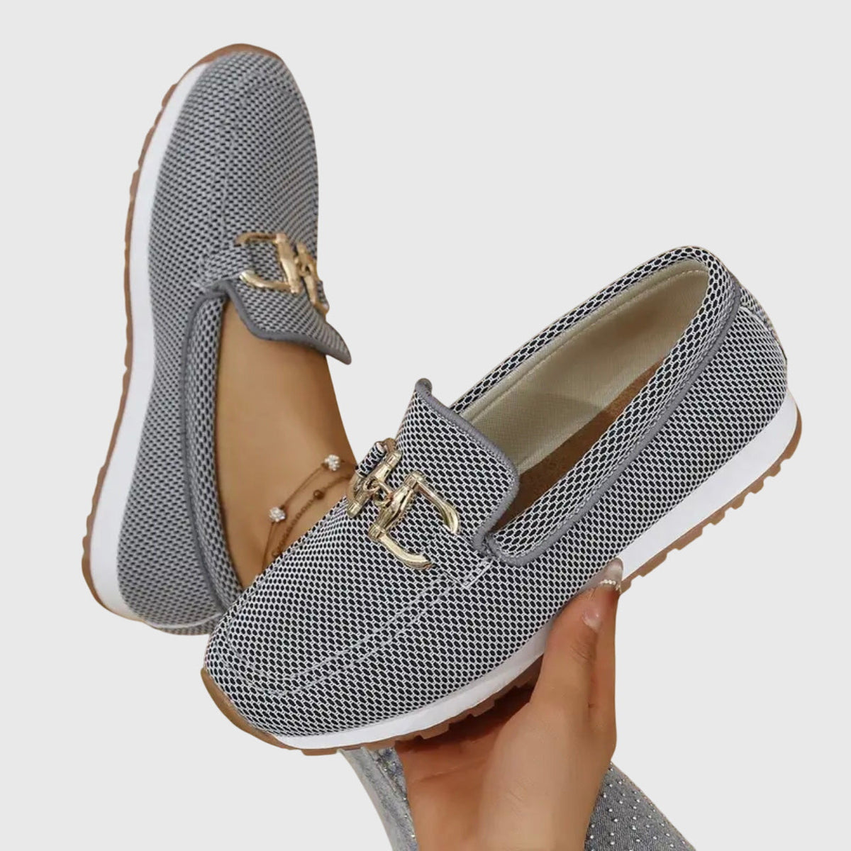 Women's Knit Slip On Loafers with Gold Buckle and White Sole