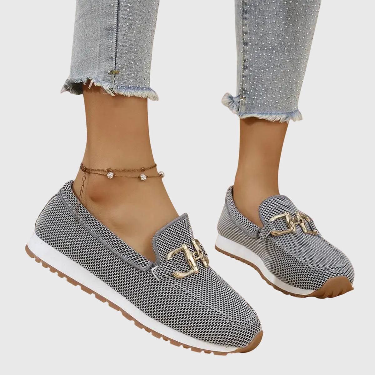 Women's Knit Slip On Loafers with Gold Buckle and White Sole