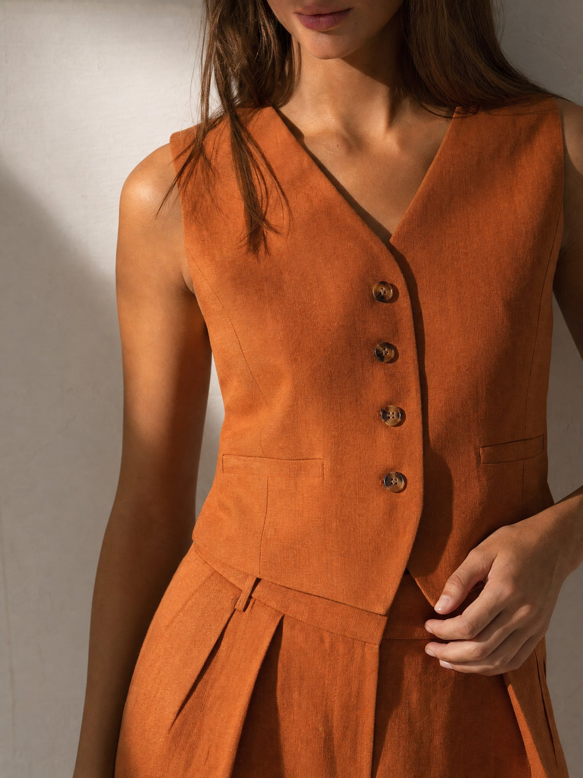 Women's Linen Vest and Wide Leg Trousers Set with Button Front