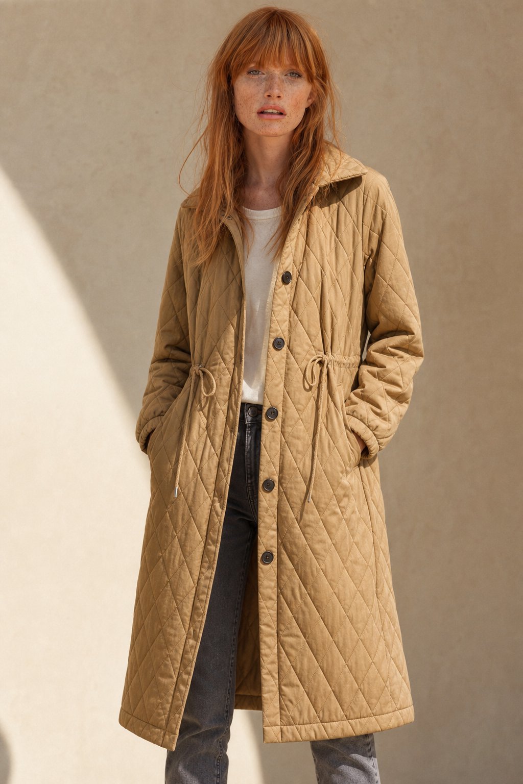 Women's Long Quilted Coat with Drawstring Waist and Button Front