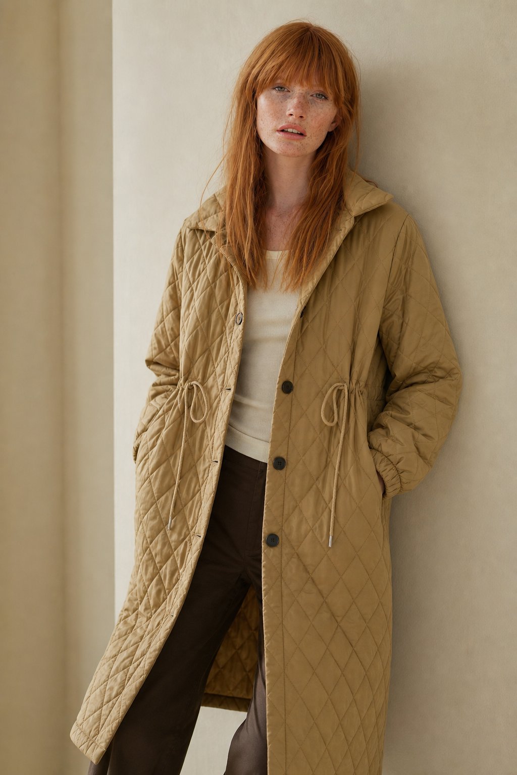 Women's Long Quilted Coat with Drawstring Waist and Button Front