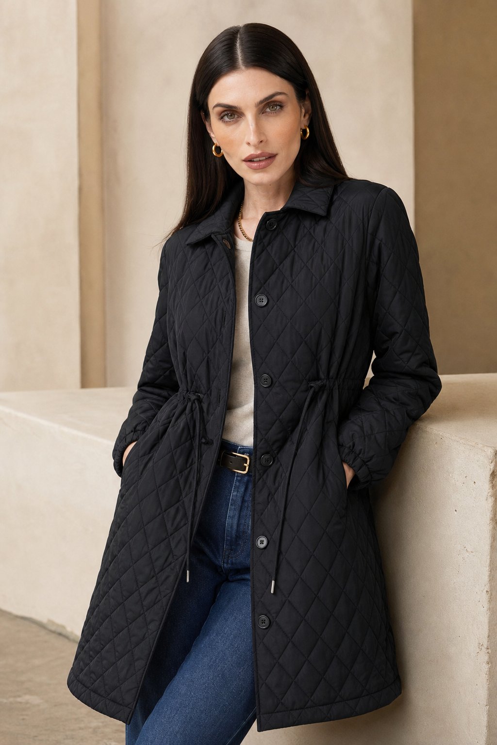 Women's Long Quilted Coat with Drawstring Waist and Button Front