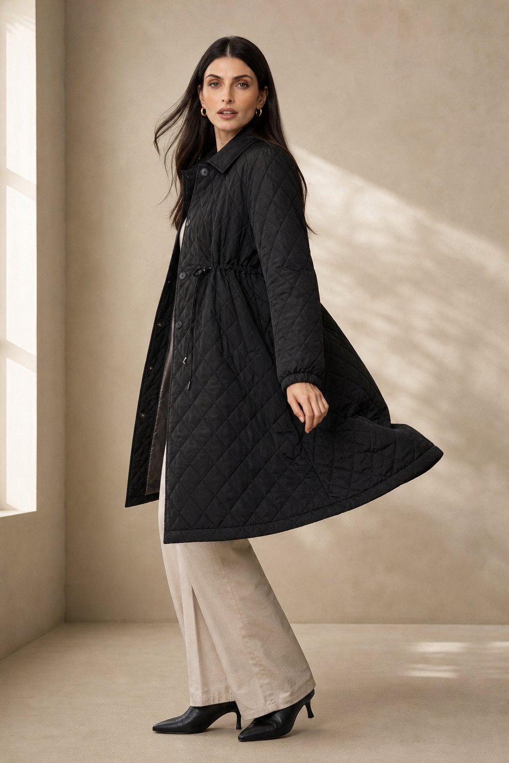 Women's Long Quilted Coat with Drawstring Waist and Button Front
