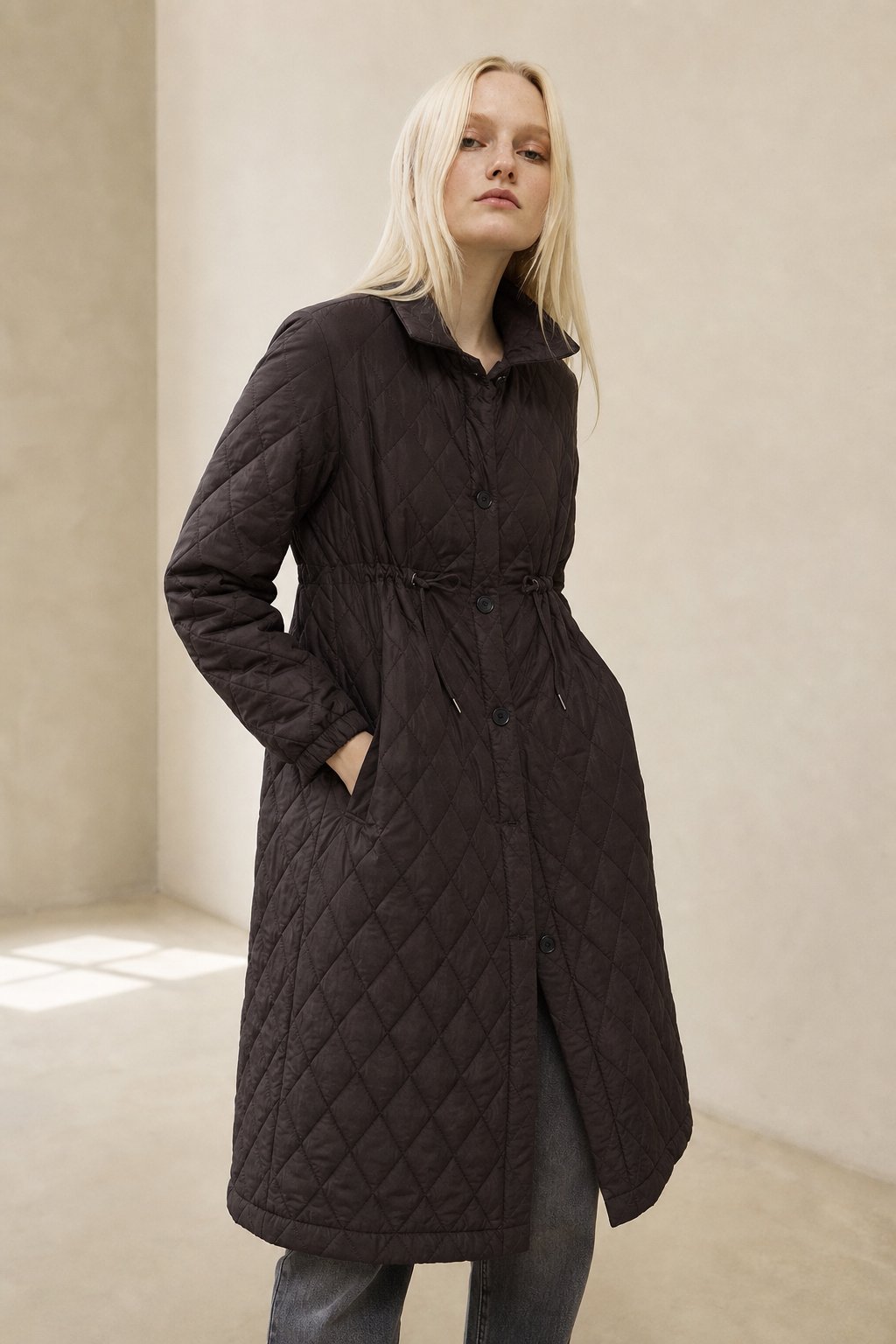 Women's Long Quilted Coat with Drawstring Waist and Button Front