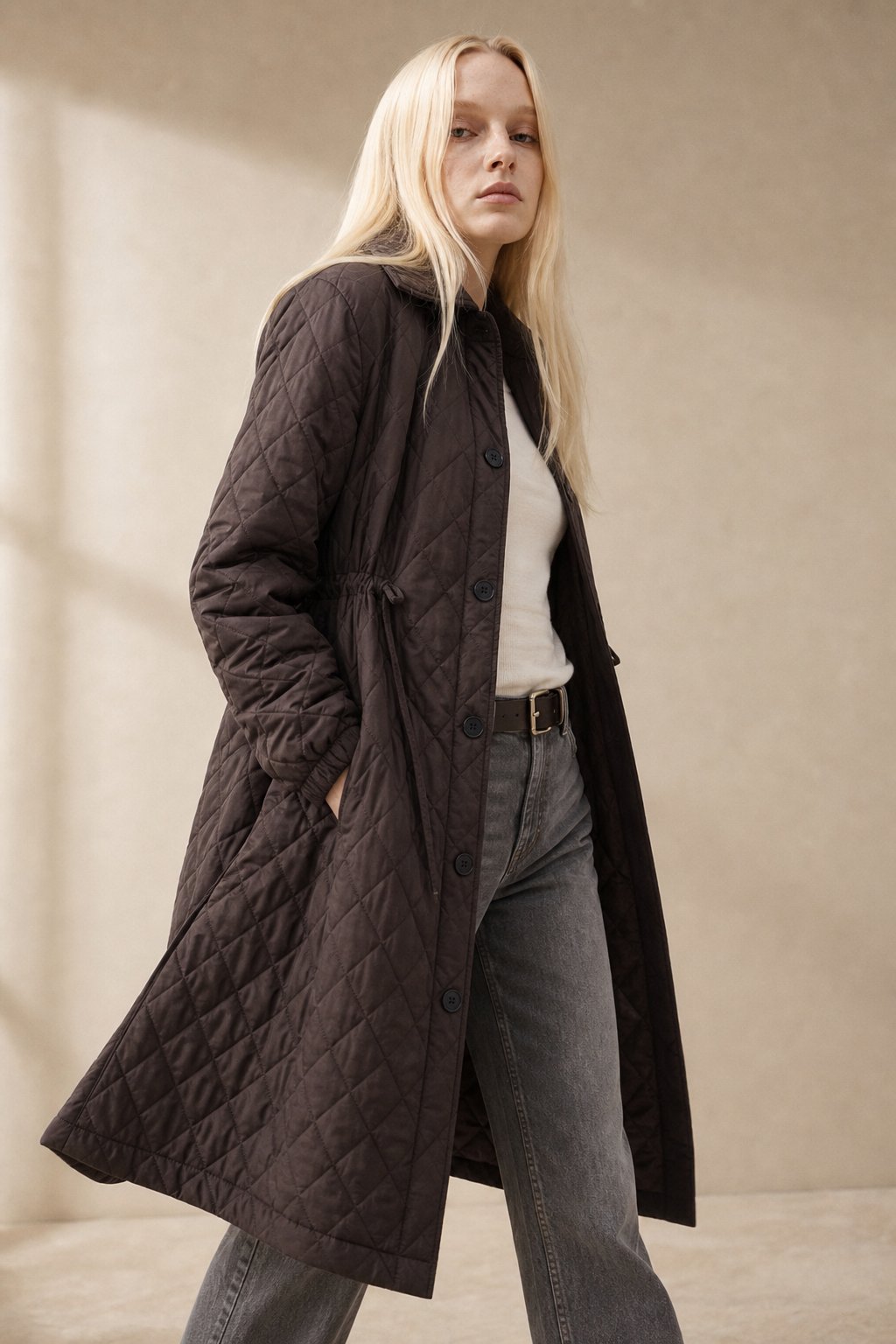 Women's Long Quilted Coat with Drawstring Waist and Button Front