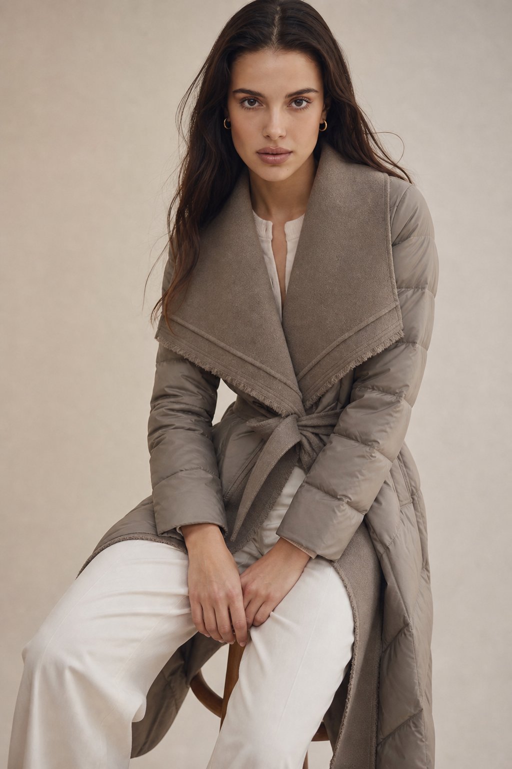 Women's Long Down Coat with Wool Trim and Open Front Design