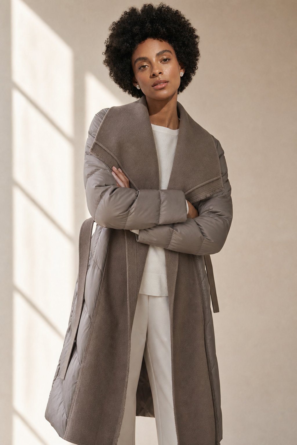 Women's Long Down Coat with Wool Trim and Open Front Design