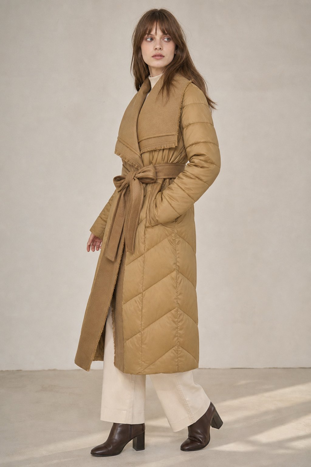 Women's Long Down Coat with Wool Trim and Open Front Design