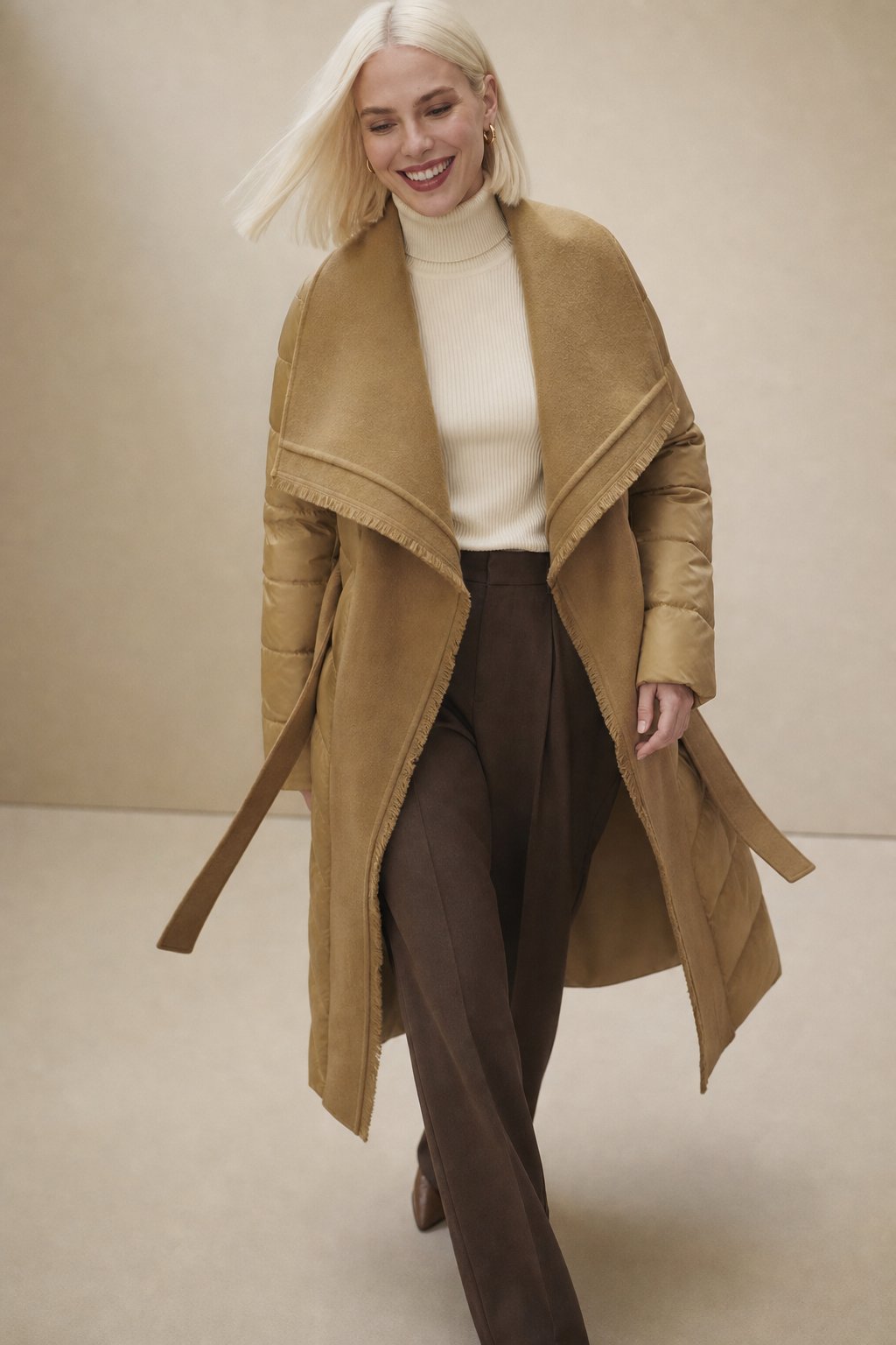 Women's Long Down Coat with Wool Trim and Open Front Design