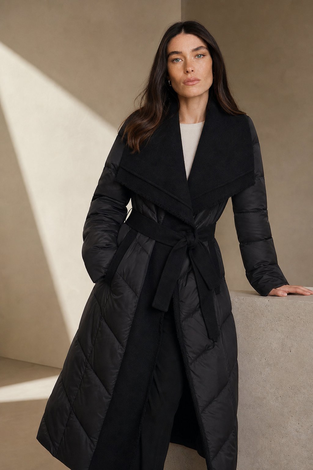 Women's Long Down Coat with Wool Trim and Open Front Design