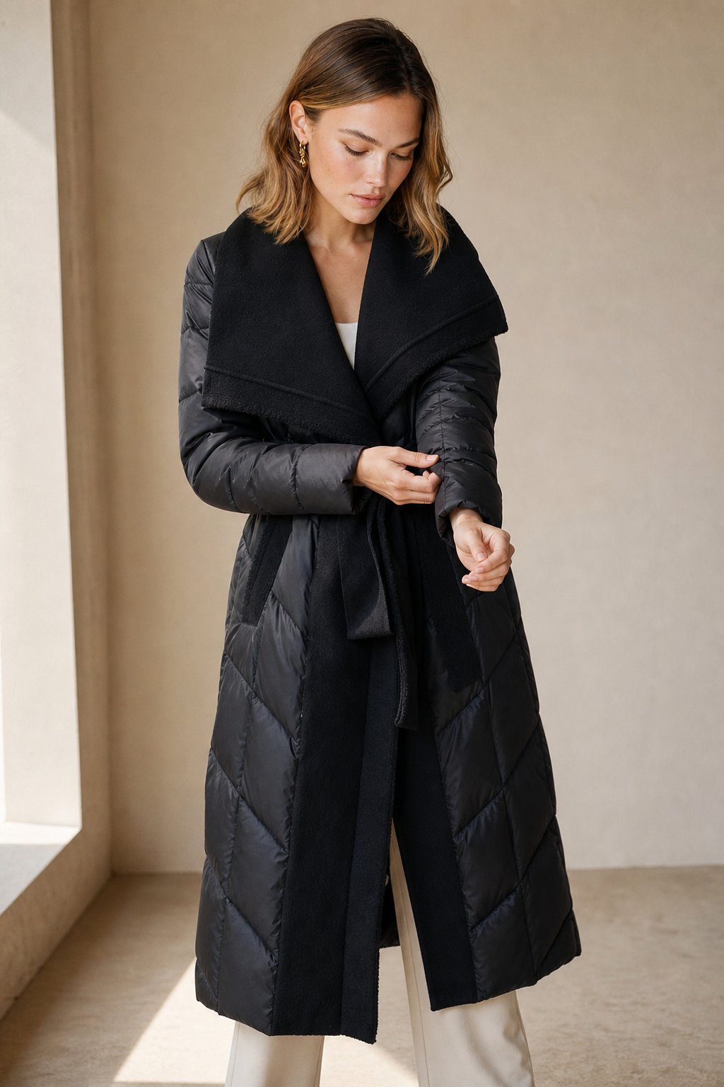 Women's Long Down Coat with Wool Trim and Open Front Design