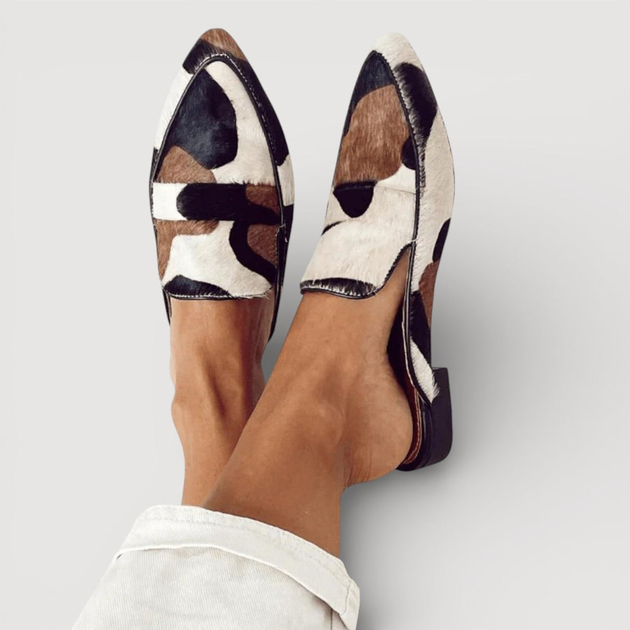 Women's Cow Print Mules Slip On Flat Shoes