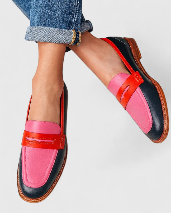 Women's Two Tone Leather Loafers with Strap Detail