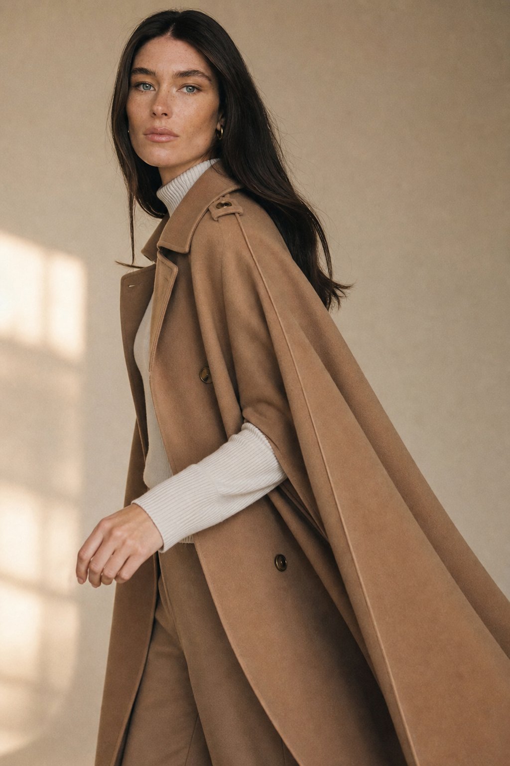 Women's Wool Blend Cape Coat with Button Front and Collar