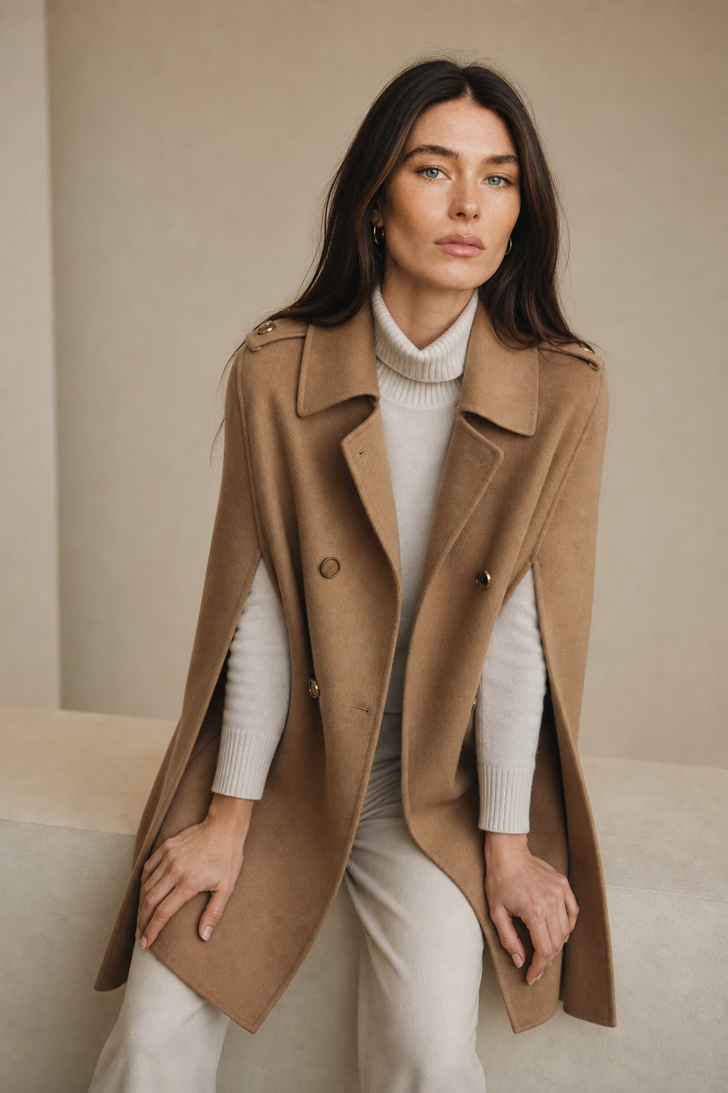 Women's Wool Blend Cape Coat with Button Front and Collar