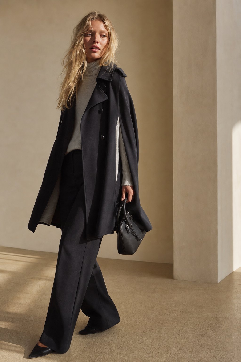 Women's Wool Blend Cape Coat with Button Front and Collar