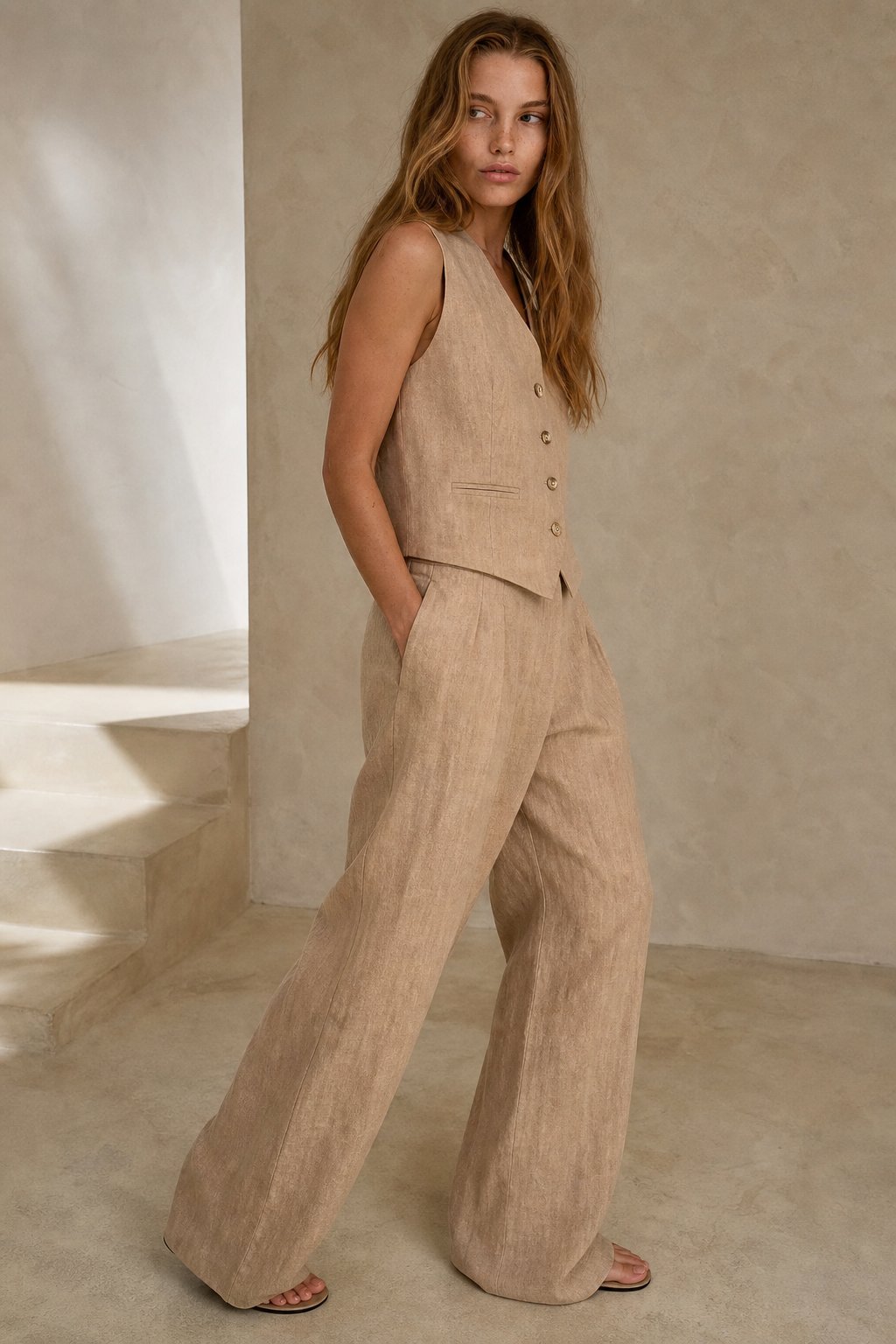 Women's Linen Vest and Wide Leg Trousers Set with Button Front