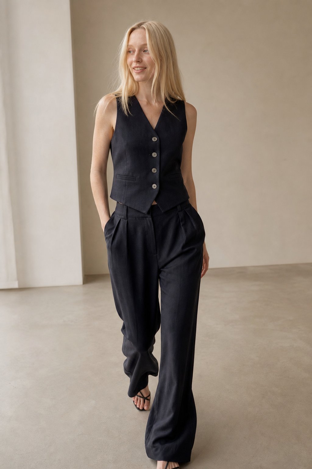 Women's Linen Vest and Wide Leg Trousers Set with Button Front