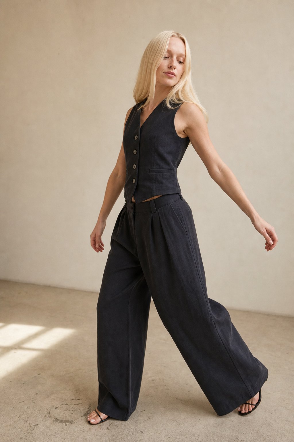 Women's Linen Vest and Wide Leg Trousers Set with Button Front