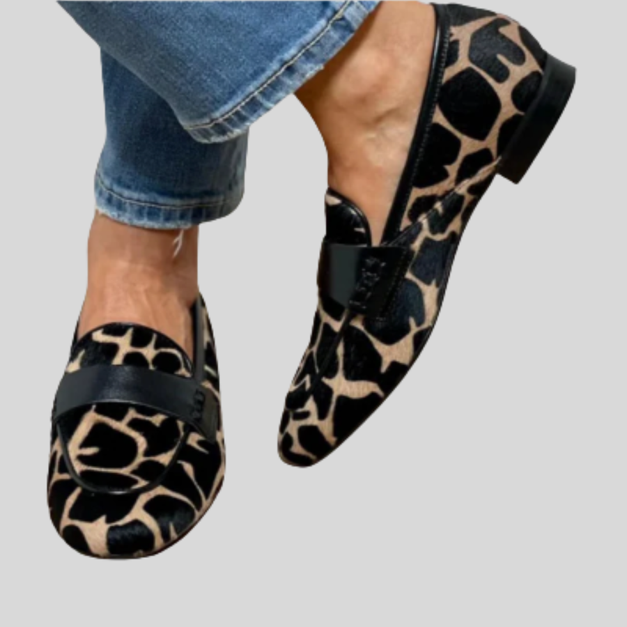 Women's Leopard Print Slip On Loafers with Black Leather Strap