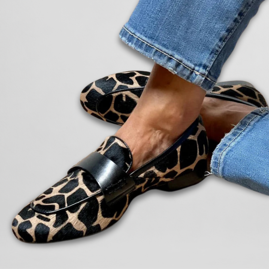 Women's Leopard Print Slip On Loafers with Black Leather Strap