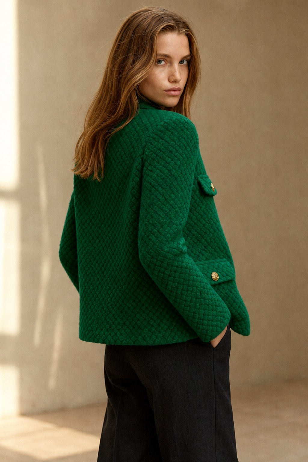 Women's Textured Boucle Jacket with Gold Button Front and Pockets