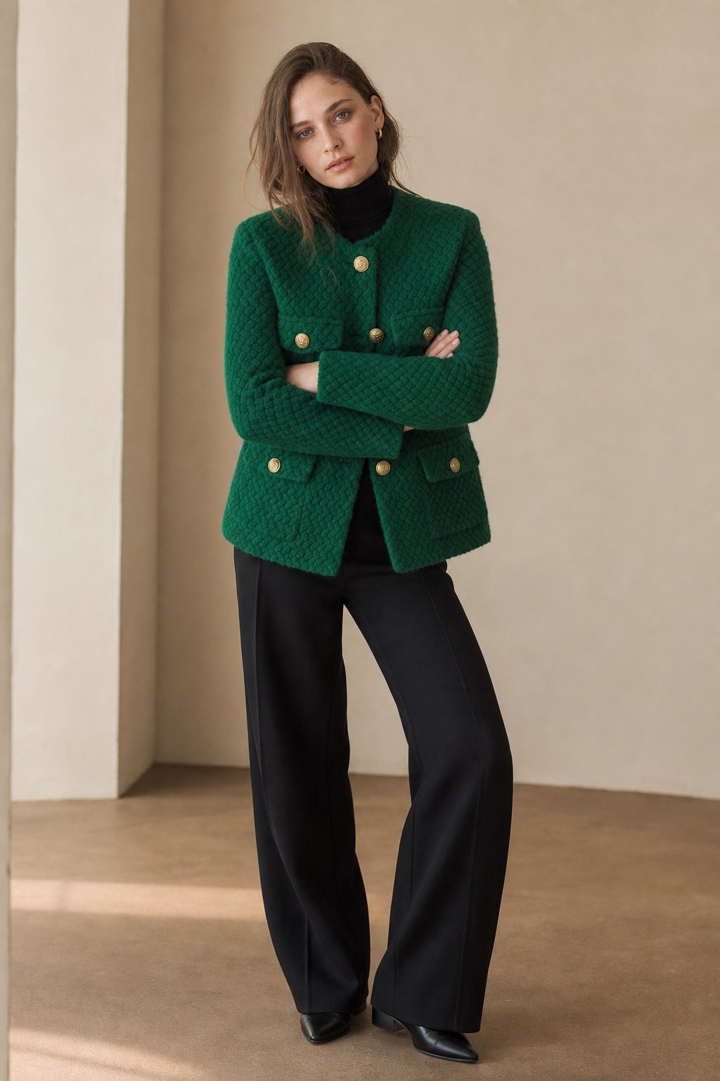 Women's Textured Boucle Jacket with Gold Button Front and Pockets
