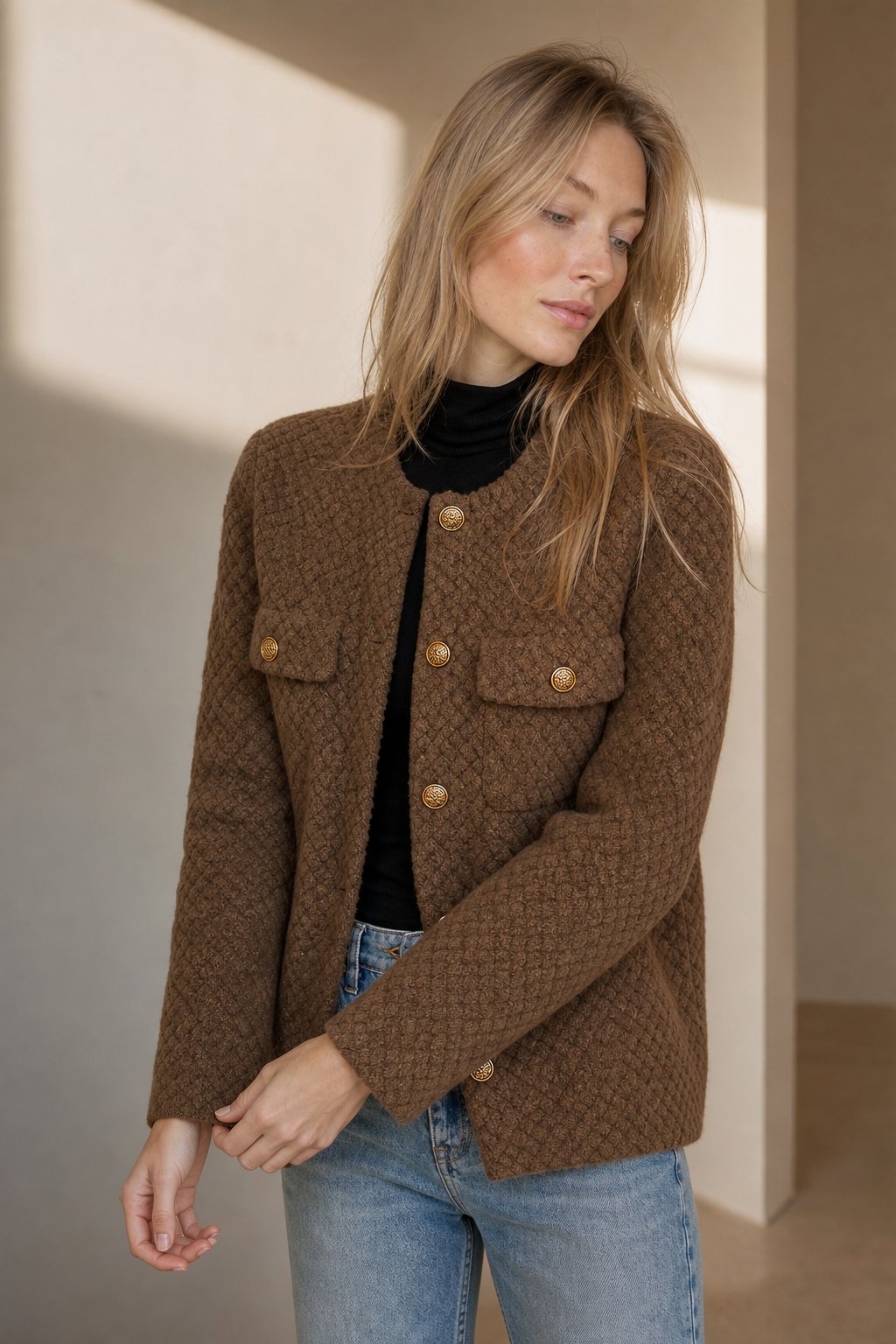 Women's Textured Boucle Jacket with Gold Button Front and Pockets