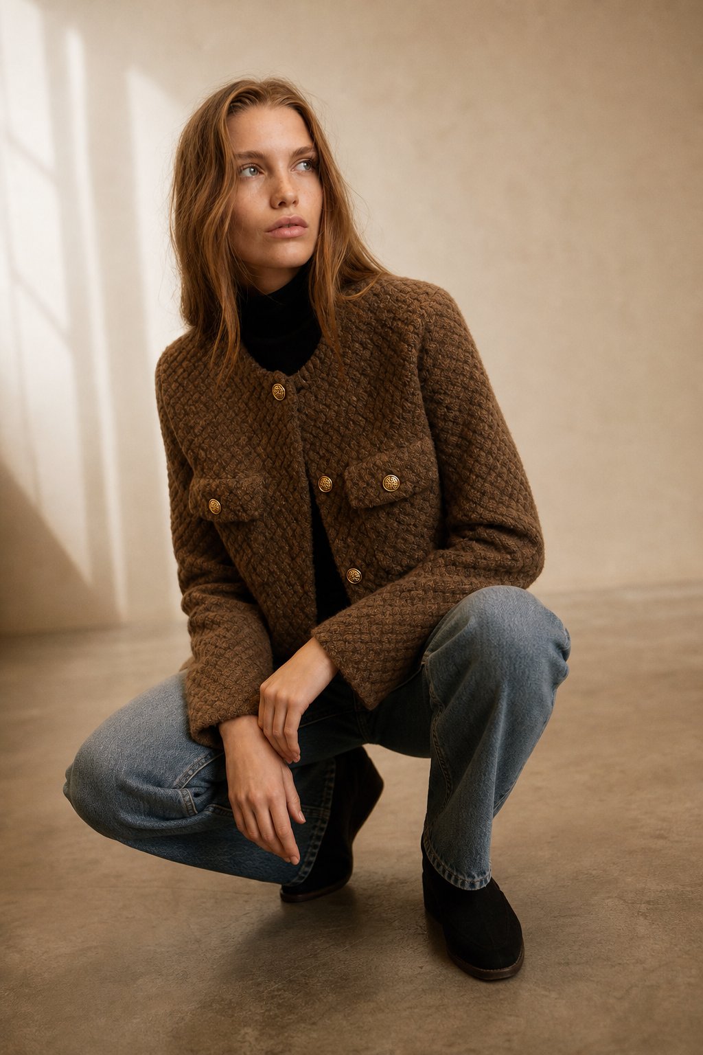 Women's Textured Boucle Jacket with Gold Button Front and Pockets