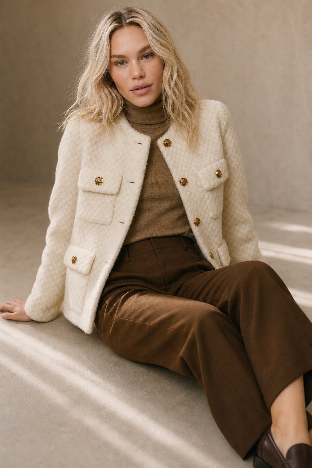 Women's Textured Boucle Jacket with Gold Button Front and Pockets