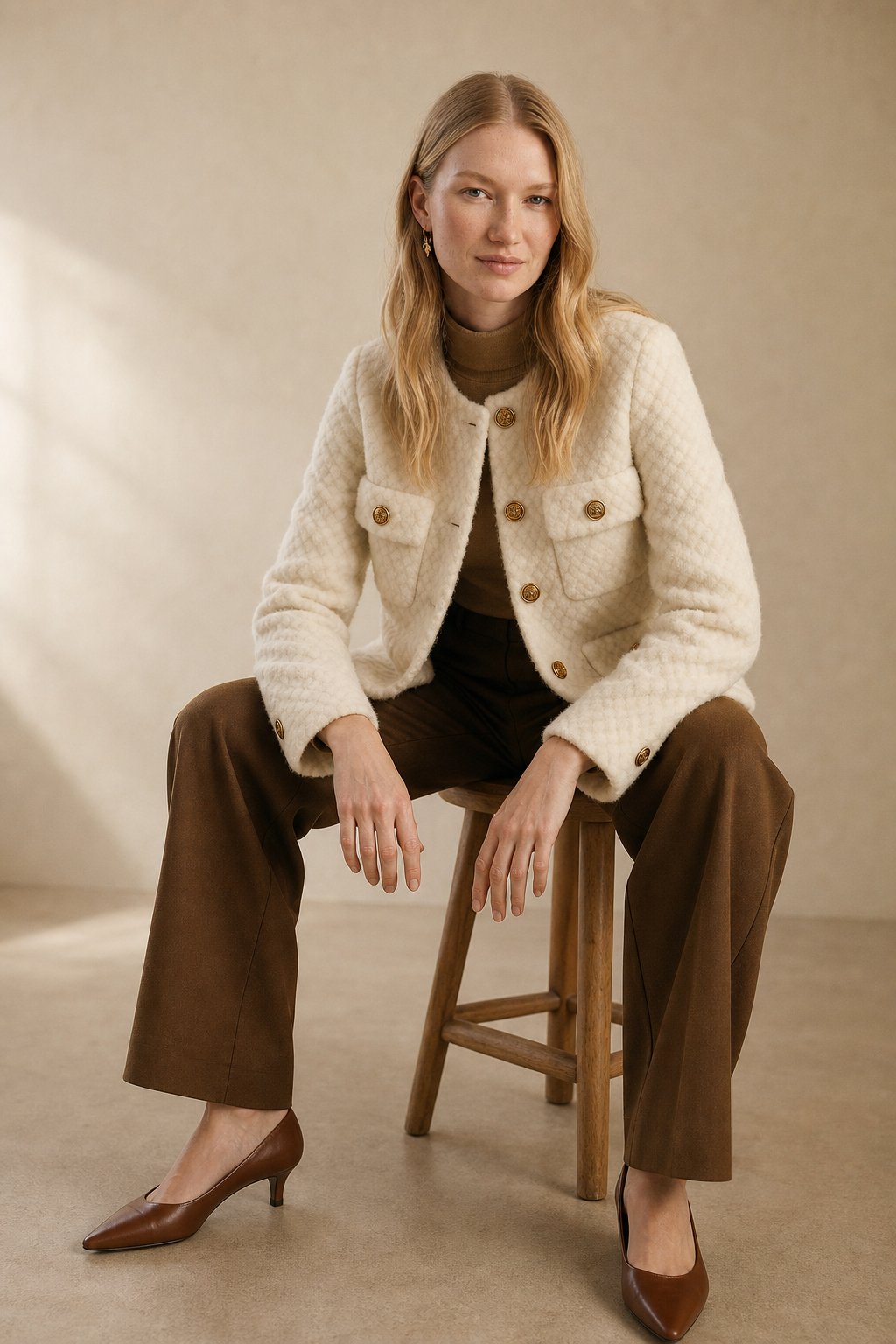 Women's Textured Boucle Jacket with Gold Button Front and Pockets