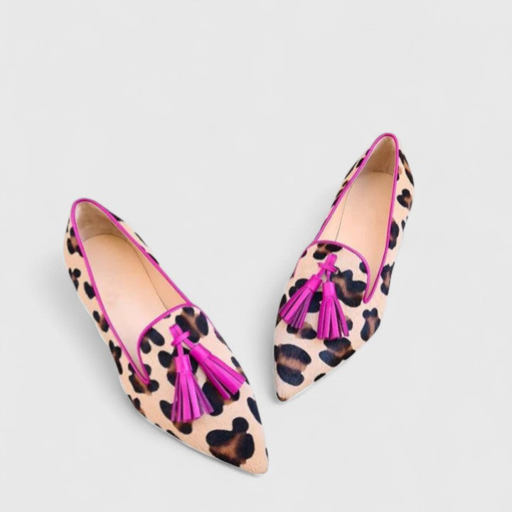 Women's Leopard Print Pointed Toe Loafers with Tassel Detail