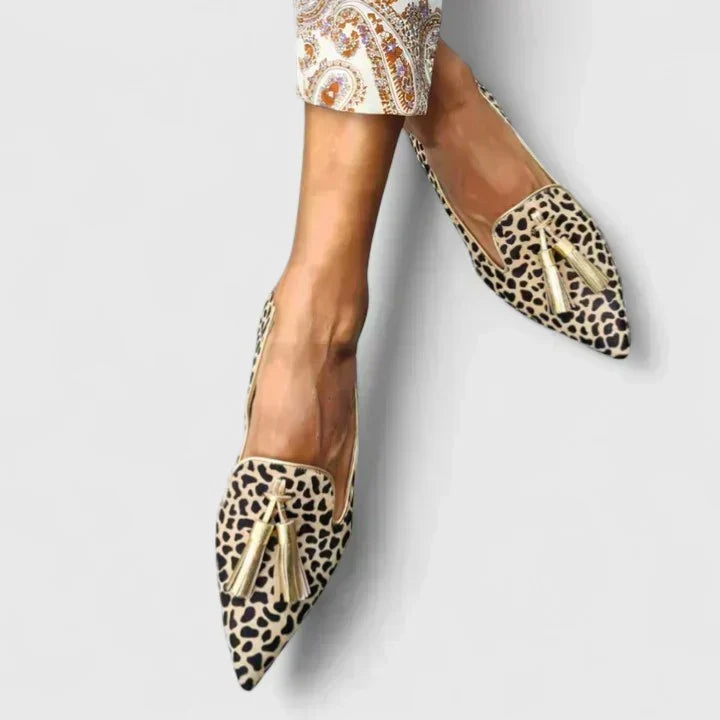 Women's Leopard Print Pointed Toe Loafers with Tassel Detail