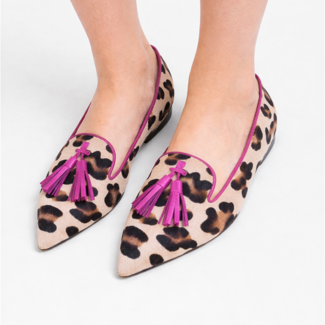 Women's Leopard Print Pointed Toe Loafers with Tassel Detail
