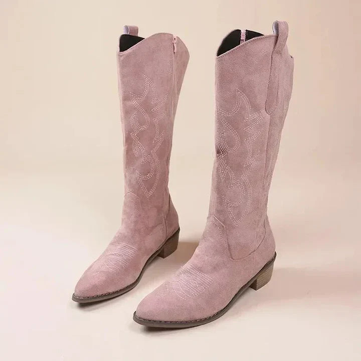 Women's Embroidered Cowgirl Boots with Pointed Toe and Low Block Heel