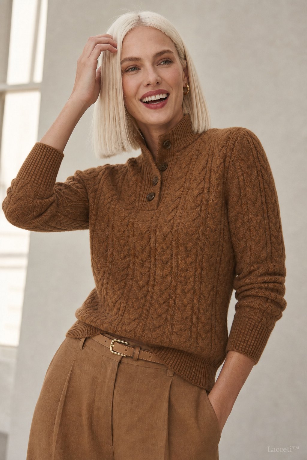 Men's Cashmere Cable Knit Sweater with Button Neck and Long Sleeves