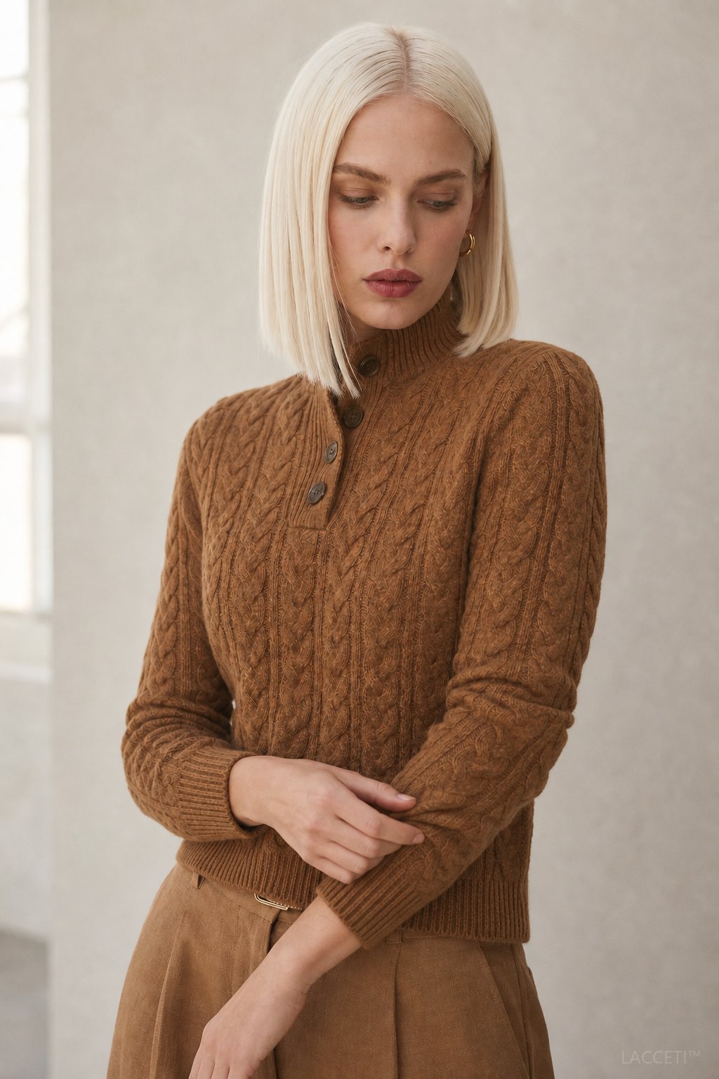 Men's Cashmere Cable Knit Sweater with Button Neck and Long Sleeves