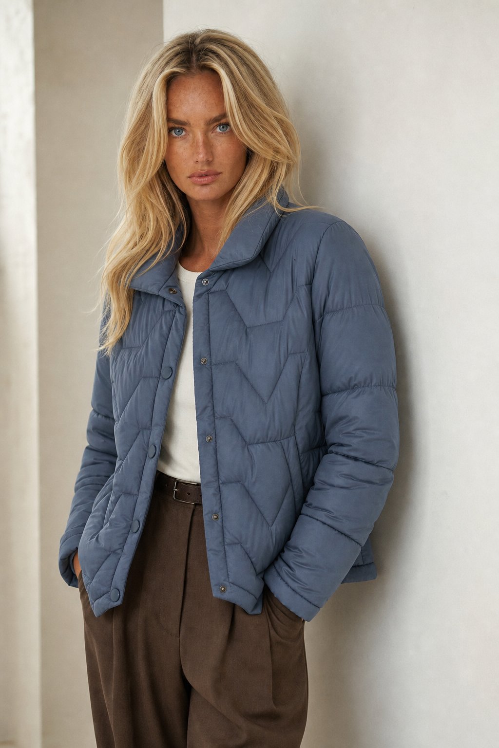 Women's Lightweight Quilted Down Jacket with Snap Button Front