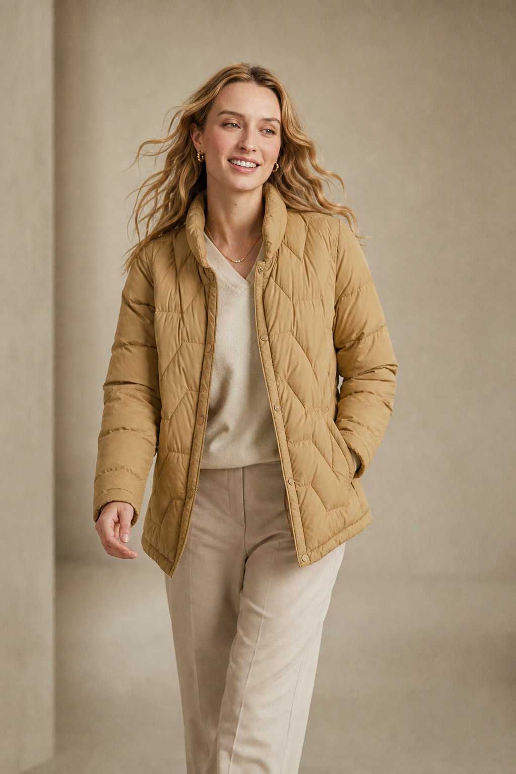 Women's Lightweight Quilted Down Jacket with Snap Button Front