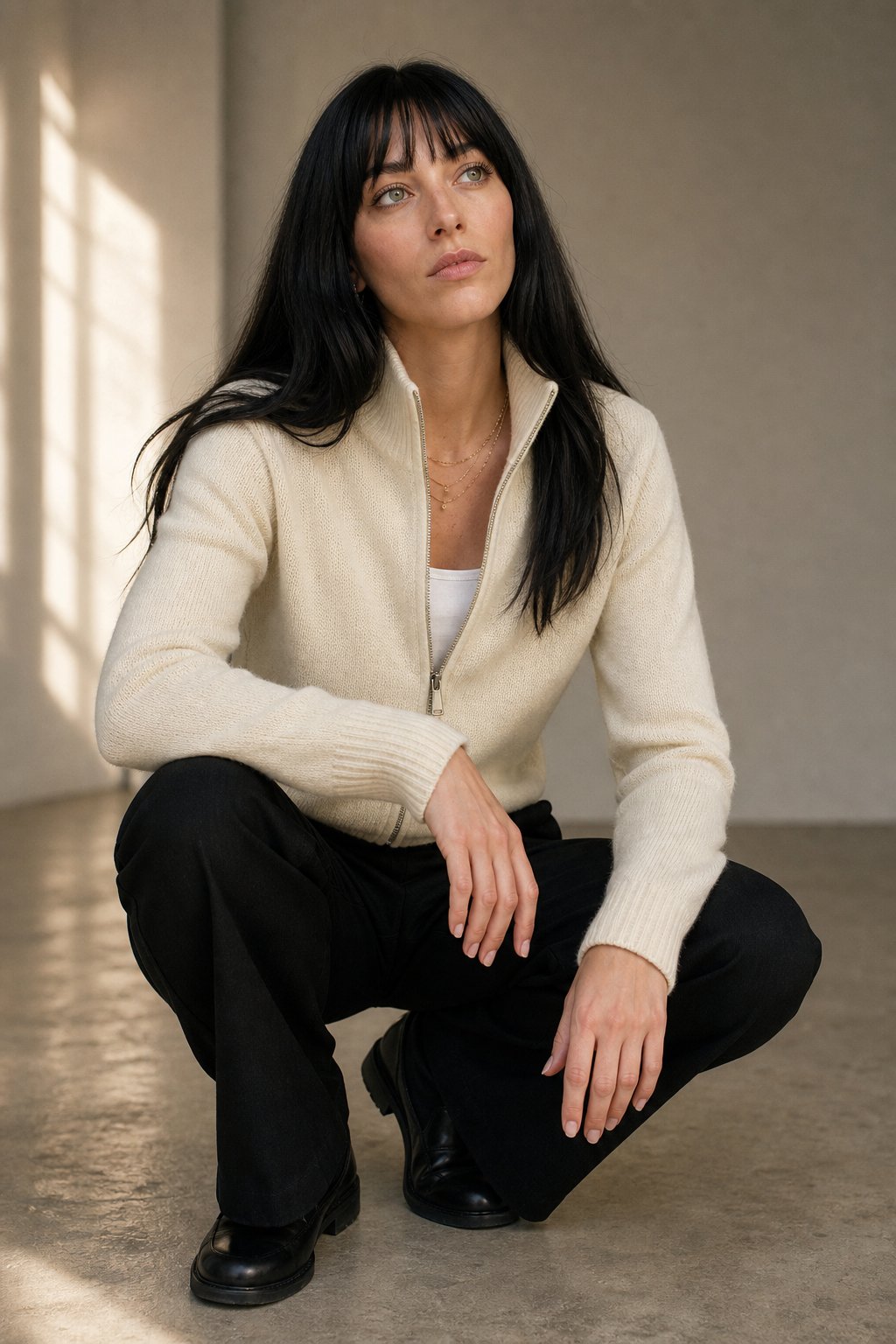 Women's Wool Zip Up Cardigan with Ribbed Cuffs and High Collar